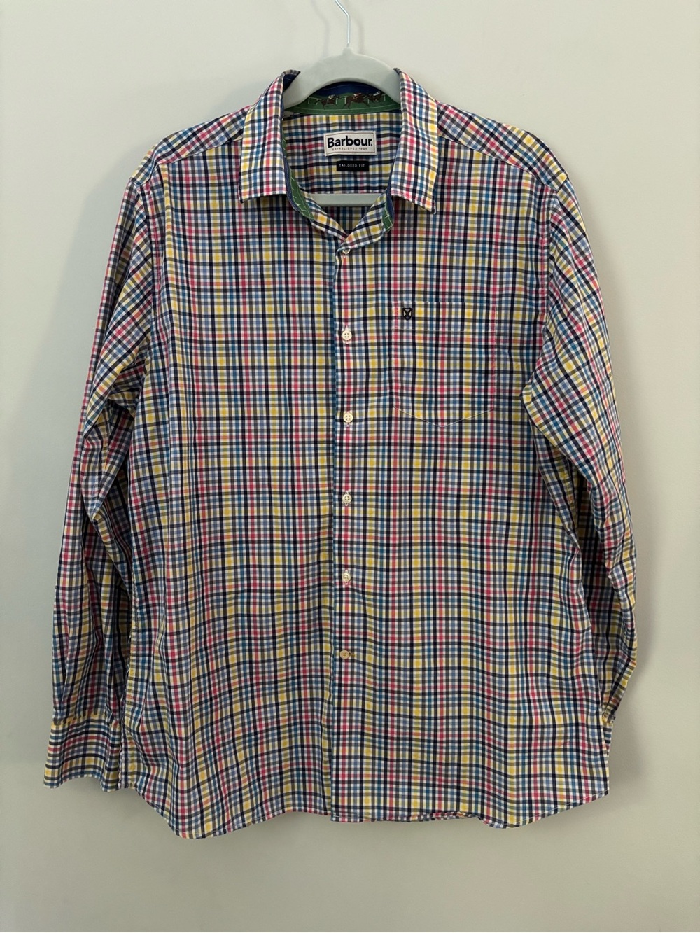 Barbour Tailored Fit Plaid Button Down Shirt Horse Race Graphic Trim Men L